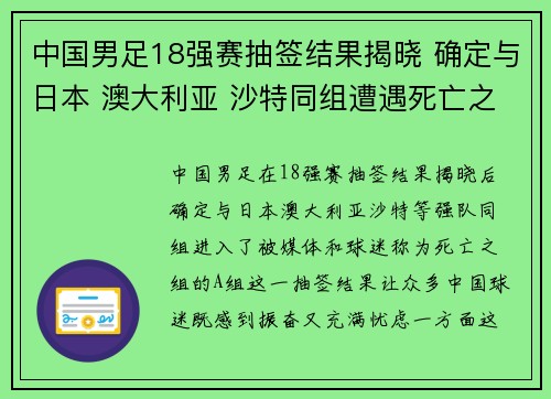 中国男足18强赛抽签结果揭晓 确定与日本 澳大利亚 沙特同组遭遇死亡之组